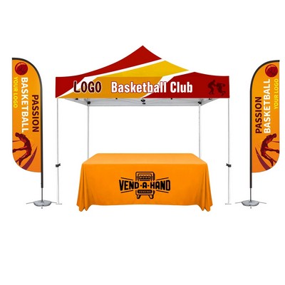 10x10 Canopy Tent Package with Feather Flags and Table Throw